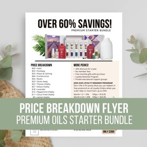 Może przedstawiać: Ulotka promocyjna zestawu Premium Starter Bundle zawierająca olejki eteryczne, biały dyfuzor i zestawienie cen. Tekst zawiera napisy OVER 60% SAVINGS, PRICE BREAKDOWN, MORE PERKS oraz szczegóły programu lojalnościowego i listę produktów.