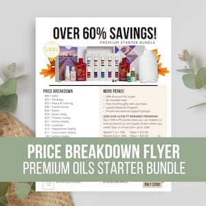 Pode incluir: Um folheto promocional para um pacote inicial de óleos premium. O folheto apresenta uma discriminação de preços, uma lista de vantagens e o texto "OVER 60% SAVINGS!" em letras grandes. O folheto inclui imagens de frascos de óleos essenciais e um difusor.