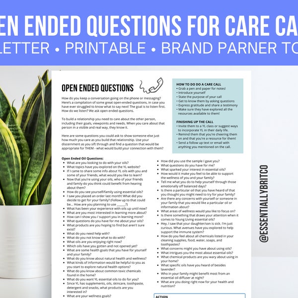 Open Ended Questions Flyer for Care Calls and Messaging Young Living Brand Partners - Follow Up with Customer and Prospects