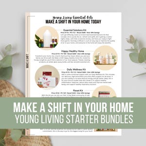 May include: Promotional image for Young Living Essential Oils, featuring starter bundles. The image showcases various kits, including Essential Solutions, Happy Healthy Home, Daily Wellness, and Reset Kits, with product descriptions and pricing.