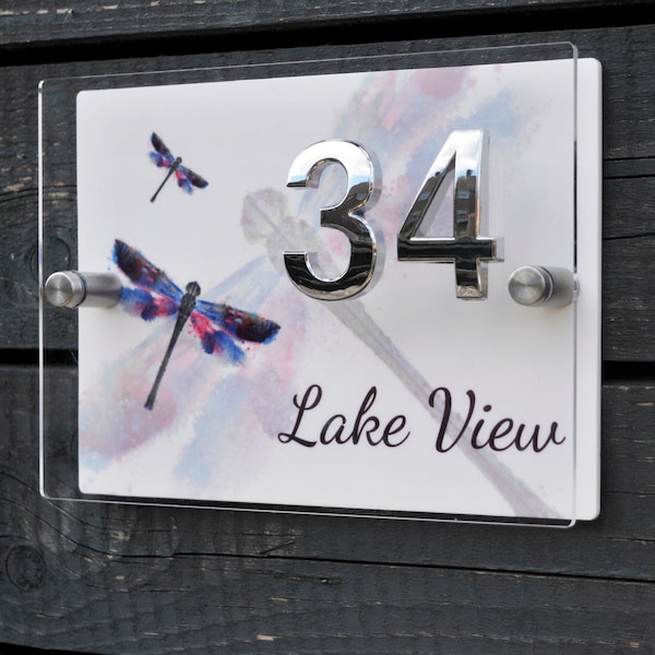 House Number Sign Water Colour Dragonfly Design/Modern Contemporary Door Sign
