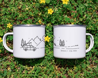 Personalised Enamel Bongo Camper Van Mug/ Couples Travel Gift / Family Camping Travel Mug/This listing is for one mug