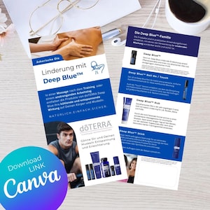 Diseño de volante Canva |  Plantilla de volante de Doterra “Azul profundo” | Folleto de aceites esenciales como enlace de plantillas de Canva | Aceites Esenciales Consultor doTERRA