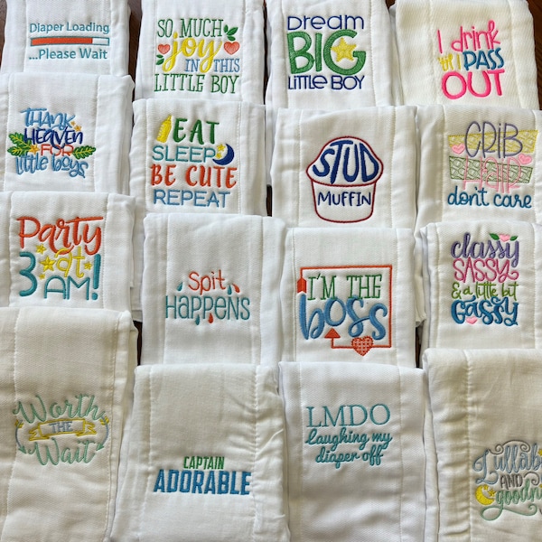 Cloth Diaper Burp Cloth Sayings, Embroidered Burp Cloths