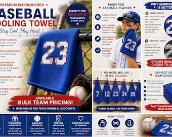Könnte beinhalten: Blaues Baseball-Kühltuch mit der Nummer 23 in weiß-roter Stickerei. Das Handtuch soll kühl bleiben und eignet sich perfekt als Teamgeschenk. Das Bild zeigt auch Basebälle und einen Baseballhandschuh.