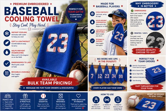 Embroidered Baseball Cooling Towel, Baseball Team Gift,  Cooling Towel Softball cooling neck towel, baseball jersey number cooling rag