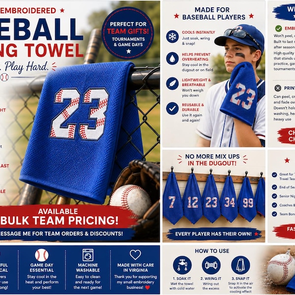 Embroidered Baseball Cooling Towel, Baseball Team Gift,  Cooling Towel Softball cooling neck towel, baseball jersey number cooling rag