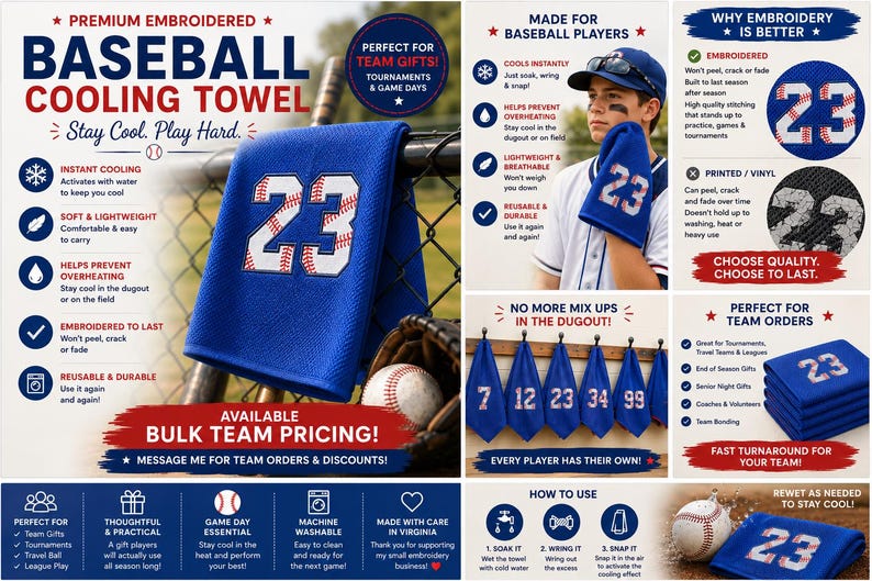 May include: Blue baseball cooling towel with the number 23 in white and red embroidery. The towel is designed to stay cool and is perfect for team gifts. The image also shows baseballs and a baseball glove.