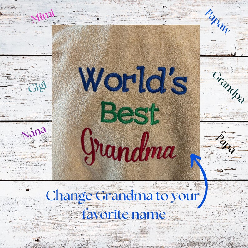 May include: A beige embroidered square with the words "World's Best Grandma" in blue, green, and red thread. The text "Change Grandma to your favorite name" is below. The words "Mimi", "Gigi", "Nana", "Papaw", "Grandpa", and "Papa" are also visible.