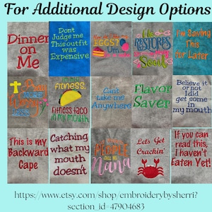 May include: A collection of embroidered designs on fabric squares, each featuring a unique phrase or saying in various colors. Phrases include "Dinner on Me," "Fitness taco in my mouth," and "Let's Get Crackin'." The Etsy shop URL is included.