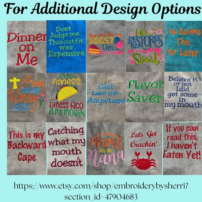 May include: A collection of embroidered designs on fabric squares, each featuring a unique phrase or saying in various colors. Phrases include "Dinner on Me," "Fitness taco in my mouth," and "Let's Get Crackin'." The Etsy shop URL is included.