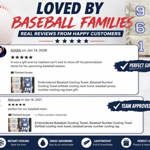May include: Image features a baseball and text that reads "LOVED BY BASEBALL FAMILIES". Reviews highlight embroidered baseball cooling towels, with numbers 1, 6, 7, 8, 9, and 10. The text also says "PERFECT GIFT!" and "TEAM APPROVED!"