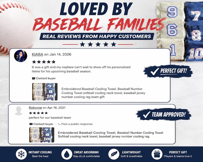 May include: Image features a baseball and text that reads "LOVED BY BASEBALL FAMILIES". Reviews highlight embroidered baseball cooling towels, with numbers 1, 6, 7, 8, 9, and 10. The text also says "PERFECT GIFT!" and "TEAM APPROVED!"