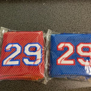 Red baseball cooling towel outlined in royal blue. Royal blue baseball cooling towel outlined in red.  Some people choose to split team orders into two colors and outline in the other thread color for variety.
