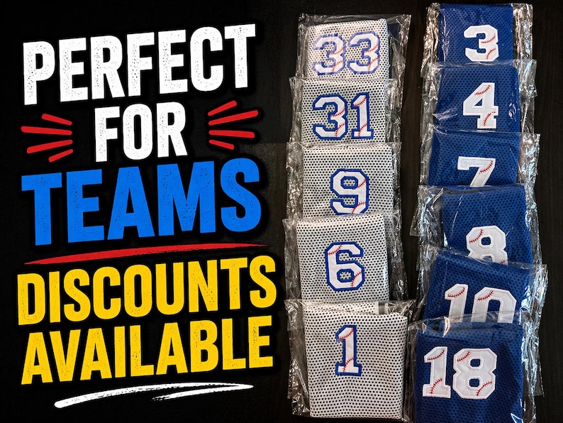 May include: A collection of baseball jerseys in white and blue, each with a different number. The jerseys are displayed in clear plastic packaging. The image also includes text that reads "PERFECT FOR TEAMS DISCOUNTS AVAILABLE."