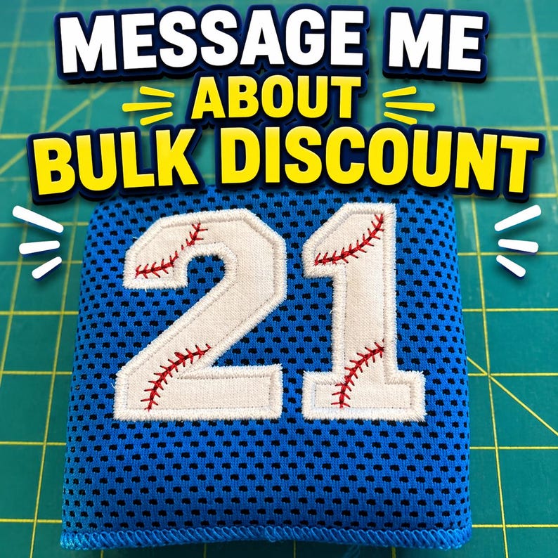 May include: A blue mesh fabric patch with the number "21" in white, stitched with red thread to resemble baseball stitching. The text "MESSAGE ME ABOUT BULK DISCOUNT" is displayed above the patch in a bold, colorful font.