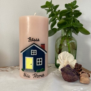Bless this Home, house warming gift.Decorated candle made with  recycled Beeswax.