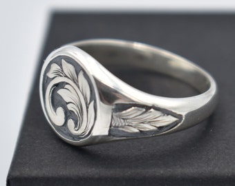 Hand Engraved Silver Leaf & Scroll Signet Ring
