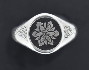 Hand Engraved Silver Flower, Leaf & Scroll Signet Ring