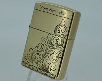 Hand Engraved Leaf & Scroll Brass Zippo Lighter with Personalization