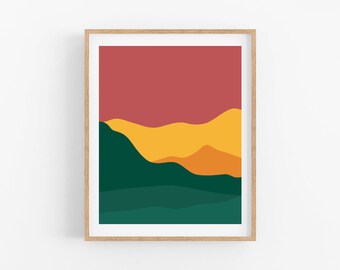 Minimalistische muurkunst, abstracte bergprint, Scandinavische moderne print, bergkunst, woonkamer, midden eeuw, bergen, groen landschap