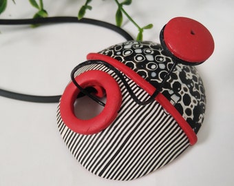 Funky Modern Statement Choker Necklace, Large Black & White one of a kind  Pendant -