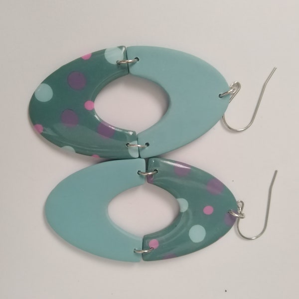 Statement asymmetric Polka Dot earrings - Teal and Duck egg Dotties - large handmade polymer clay earrings