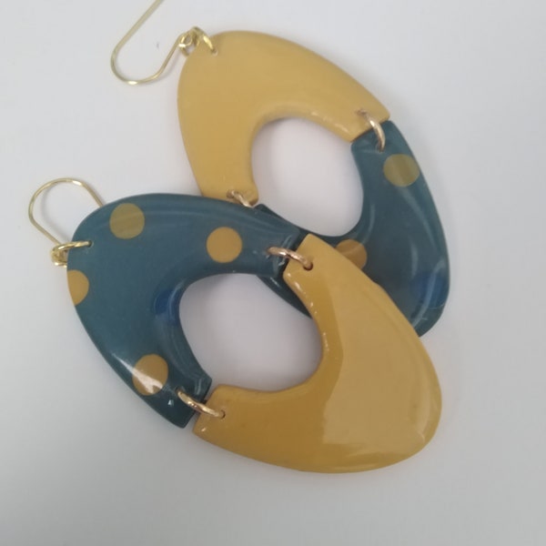 Statement asymmetric Polka Dot earrings - Teal and Duck egg Dotties - large handmade polymer clay earrings