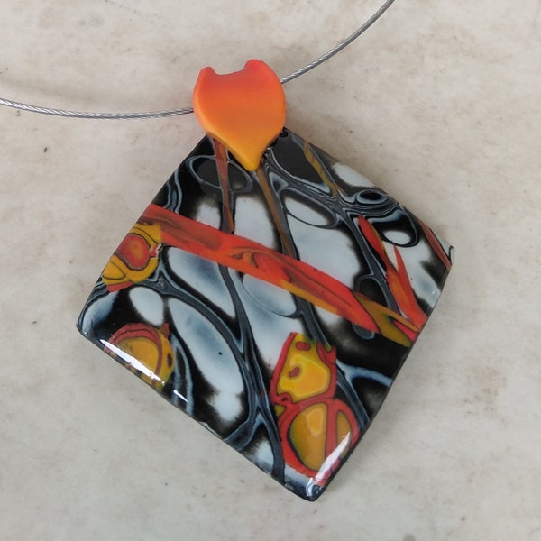 Square modern Fluid Art style necklace/choker - Original ,unique contemporary abstract design -handmade  polymer clay
