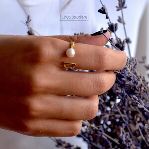 Silver Pearl Ring, 925 Sterling Silver 22k Gold Plated Ring image 5