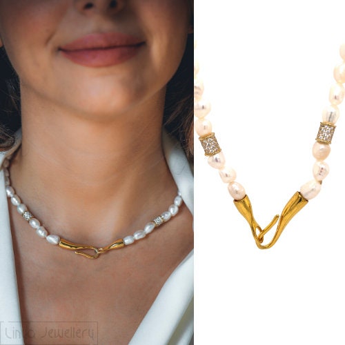 Hook Lock Pearl Necklace Gold Plated Pearl Pendant Engagement Etsy