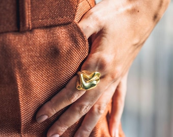 Chunky Wavy Statement Ring, Gold Textured Abstract Band, Adjustable Organic Liquid Ring, Christmas Gift for Her, Bold Boho Silver Jewelry