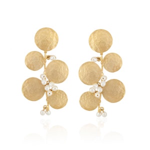 Freshwater Pearl Earrings, Pearl Plate Cluster Earrings, Gold Dangle Earrings, Boho Vintage Style, Big Dangle Earring, Boho Christmas Gift image 2