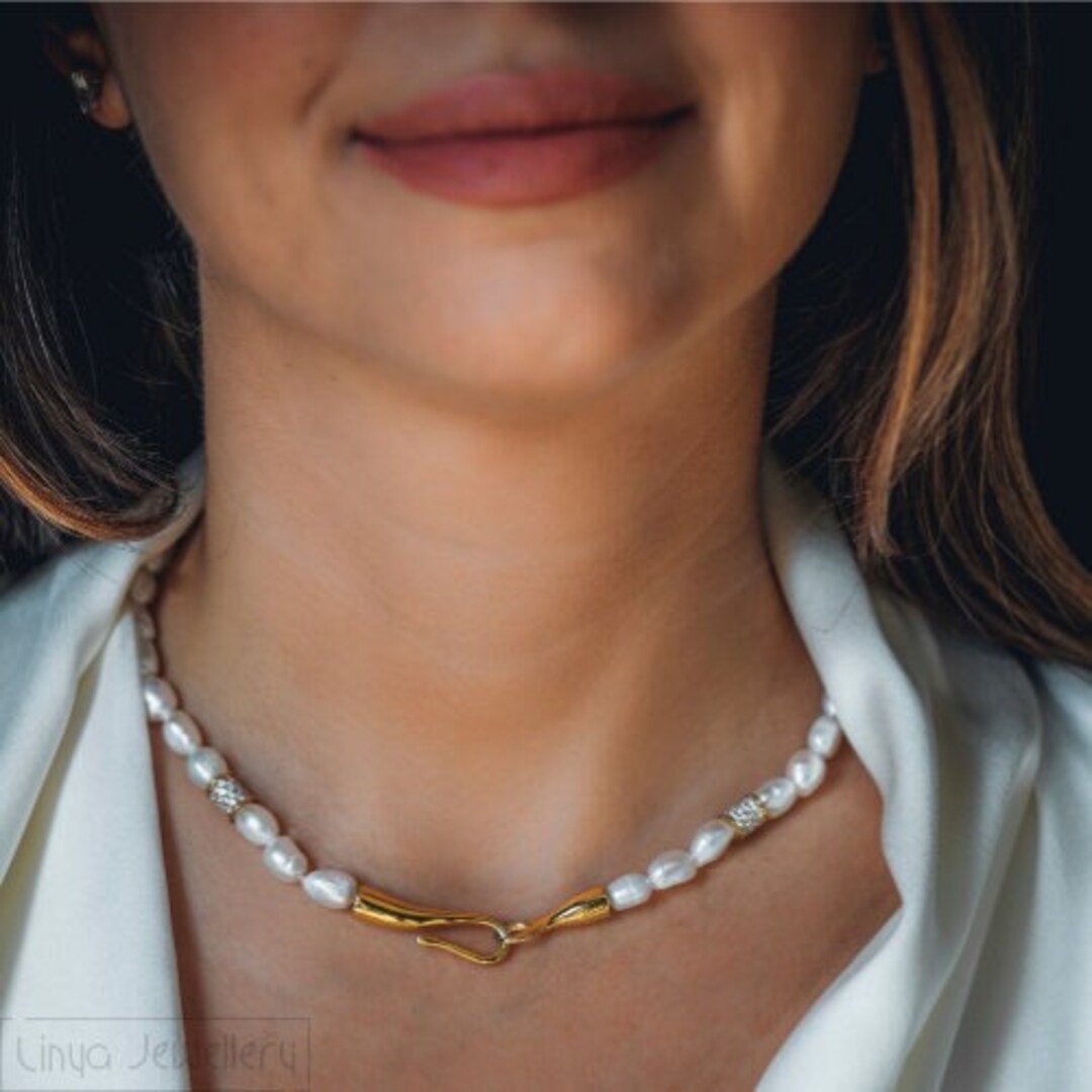 Hook Lock Pearl Necklace Gold Plated Pearl Pendant Engagement Etsy