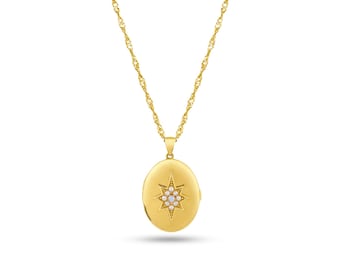Gold Personalized Locket Necklace With Photo 14k Rose Gold Plated Pole Star Pearl Medallion Vintage Style Pendant Christmas Gift