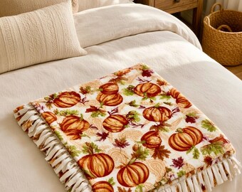 Fall Pumpkins and Leaves plush Fleece Blanket, holiday harvest Throw