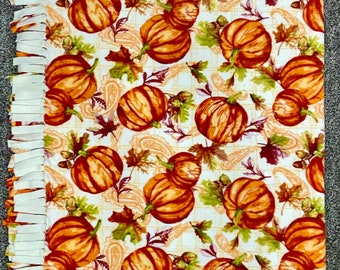 Fall Pumpkins & Leaves Fleece Blanket: Harvest Throw, Orange Green Wine