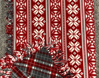 Red Snowflake blanket, Christmas plaid throw blanket, fairisle snowflake blanket, winter theme Christmas blanket, snowflake fleece tie throw