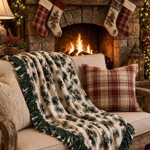 May include: A cream-colored throw blanket featuring a green pine needle and brown pinecone pattern with a dark green fringed edge, draped over a beige sofa alongside a red and cream plaid throw pillow, set against a stone fireplace backdrop.
