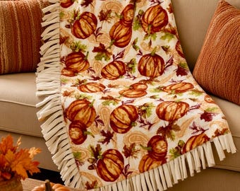 Fall Pumpkins and Leaves plush fleece blanket, fall theme home decor, harvest Thanksgiving throw