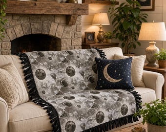 Moon and Stars Fleece Throw Blanket, Celestial Gray No Sew Blanket, fabric by the yard