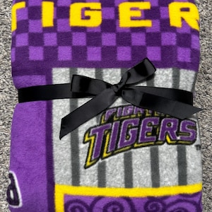 Handmade LSU Tigers Fleece Blanket: Purple, Yellow & Black Patchwork