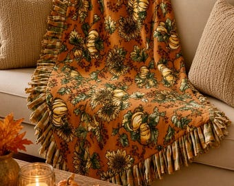 Handmade Sunflower Pumpkin Fleece Blanket, Fall Theme Throw