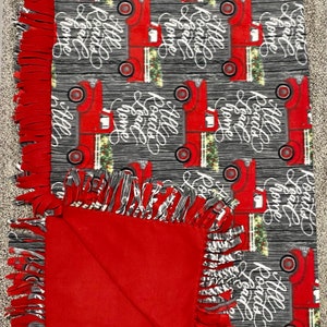 Christmas Red Truck blanket, Christmas red truck throw blanket, Christmas tied throw blanket, all roads lead home Christmas blanket, fringe