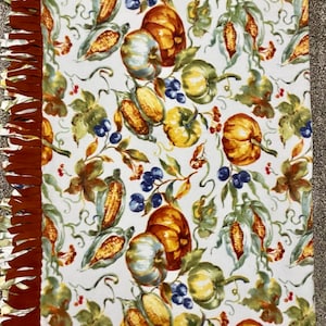 Handmade Fall Harvest Fleece Blanket: Thanksgiving Decor (68x57 in)