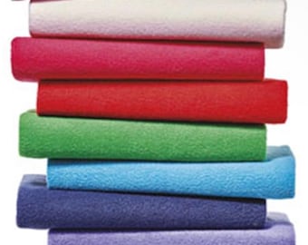May include: A stack of eight fabric swatches in various colors, including pink, red, green, blue, purple, and gray. The swatches are folded neatly and arranged in a vertical stack.