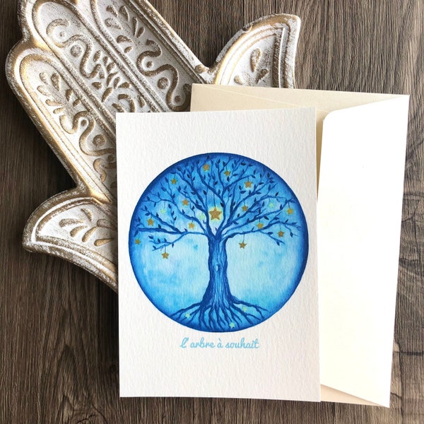 Carte postale papier aquarelle "l'arbre à souhait" pour écrire ses vœux, format A6