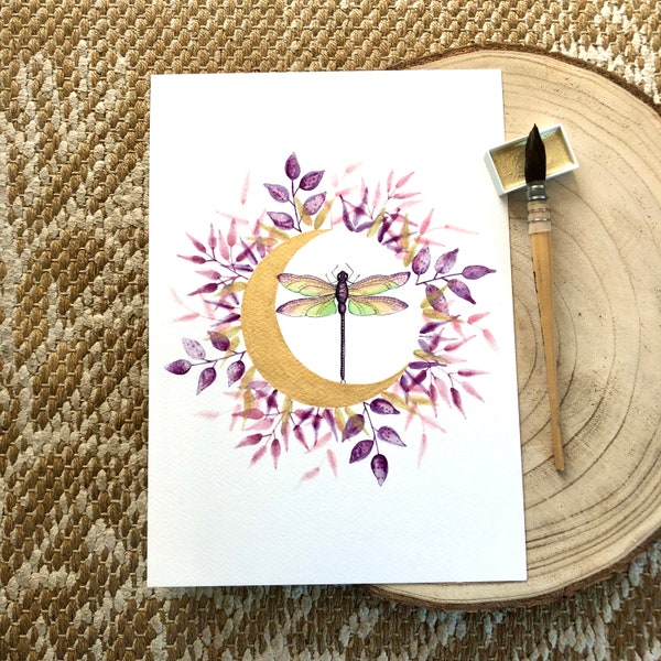 Decorative poster to frame dragonfly and golden moon