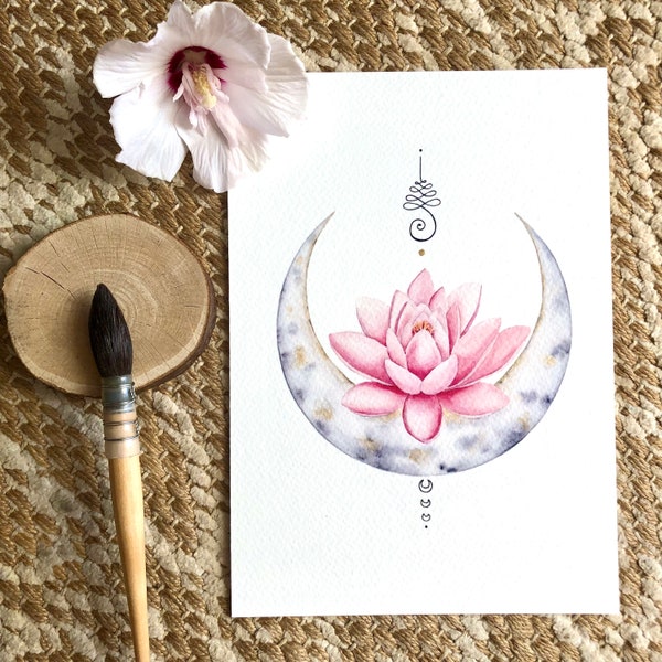 Affiche fleur de lotus et lune, impression d’art de mon aquarelle originale.