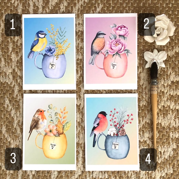 Cartes postales au choix aquarelle sur le thème du thé en format A6 avec enveloppe.